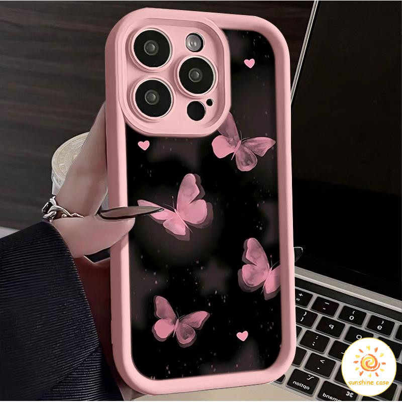 เคสโทรศัพท์ขอบผีเสื้อสีชมพู เคสสำหรับไอโฟน11 For iPhone12 13 14 15Pro MAX X XS XR XS 6 7 8Plus SE2020 เคสโทรศัพท์