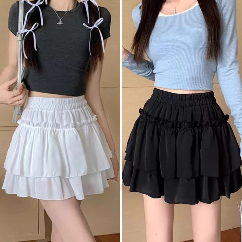 cherryshop🍒พร้อมส่ง กระโปรงสั้น กระโปรงบานผู้หญิง ทรงเค้กเอวยางยืดสไตล์ใหม่ทรงเอเอวสูง สไตล์น่ารัก ใช้งานได้หลากหลาย