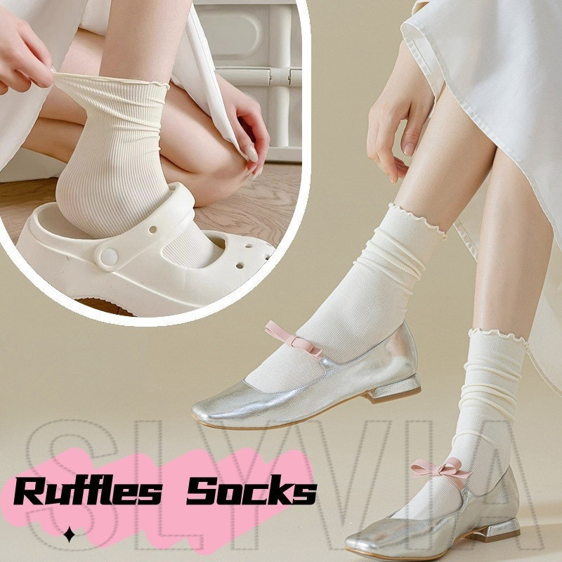 Ruffles Ice Silk Socks - ถุงน ่ องลูกวัว - น ่ ารัก, หวาน - ถุงเท ้ าหลอดกลาง - JK, Lolita, ขอบหูไม ้ - อุปกรณ ์ จับคู ่ สวมใส ่ ฤดูร ้ อน - บางเฉียบระบายอากาศได ้