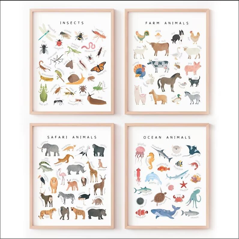 การศึกษา โปสเตอร์ แมลง ฟาร์ม Safari Montessori Wall Art ผ ้ าใบภาพวาด