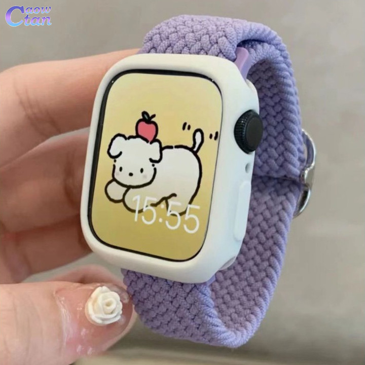 สายรัดไนลอนและเคส TPU แบบยืดหยุ่น ฝาครอบป้องกันสําหรับ Apple Watch series 9/8/7/6/5/se/4 ขนาด 45/44/40/41/42/38 มม.