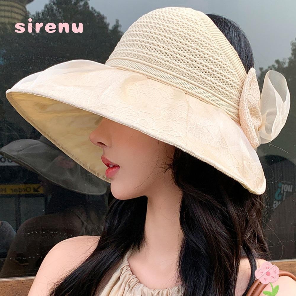 Sirenu Sunscreen Hat, Empty Top Wide Brim Bowknot Sun Hat, Ponytail Beach UV Protection Straw Hat Summer