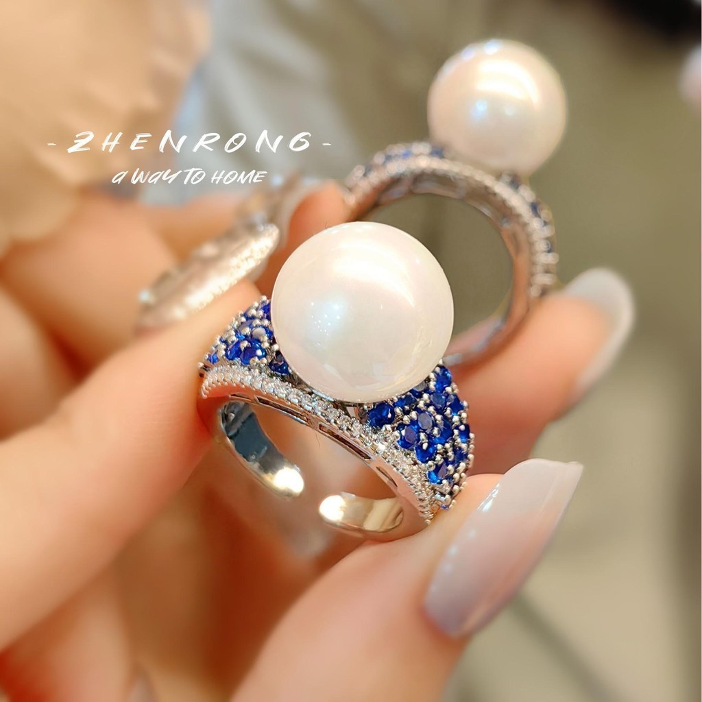 ฝรั ่ งเศส Retro เลียนแบบ Baroque Pearl แหวน Aurora สีสัน Horse Shell Pearl เพชร Blue Spinel สูงคาร ์ บอนแหวนเพชร