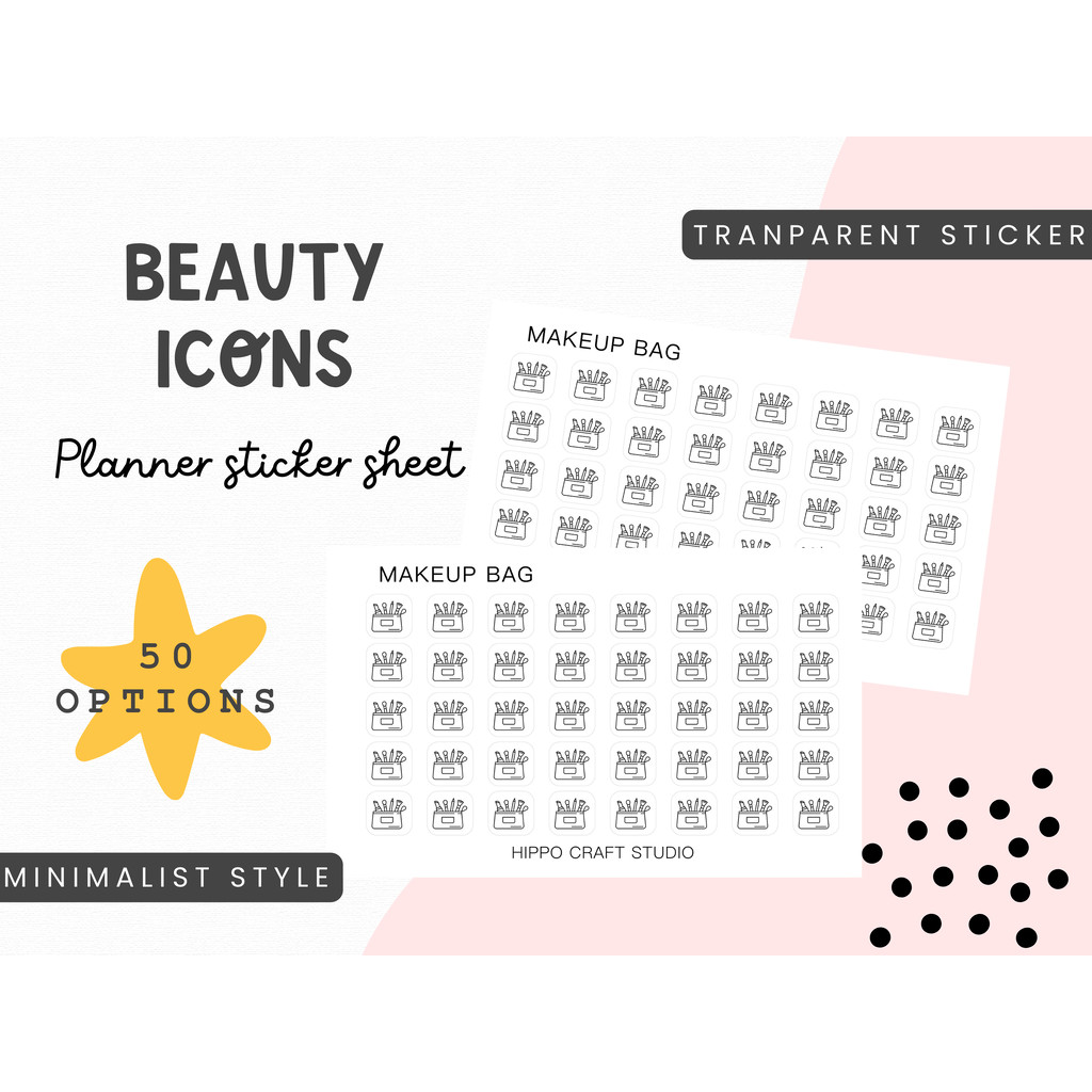 50 Beauty mini icons | Minimal style | Transparent sticker | Planner sticker sheet ไอคอนความสวย สไตล์มินิมอล สติ๊กเกอ...