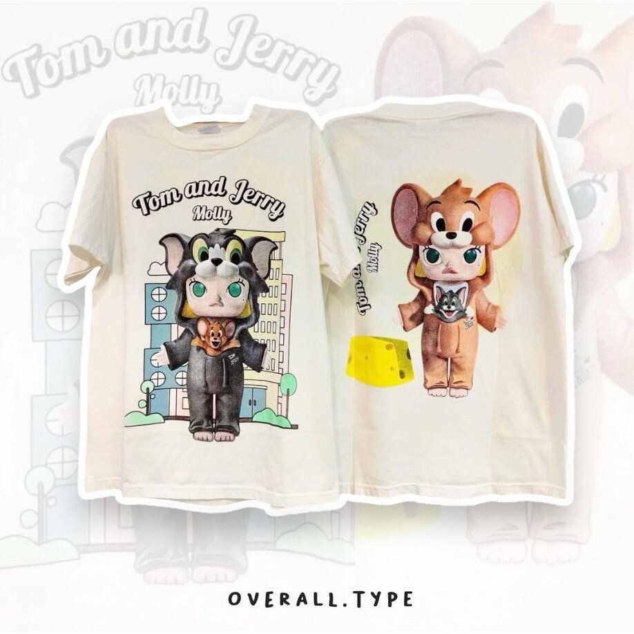 2024Molly Tom&amp;Jerry เสื้อยืดแขนสั้นด้านบนผ้าฝ้ายระบายอากาศได้ Pop Mart Molly T Shirts