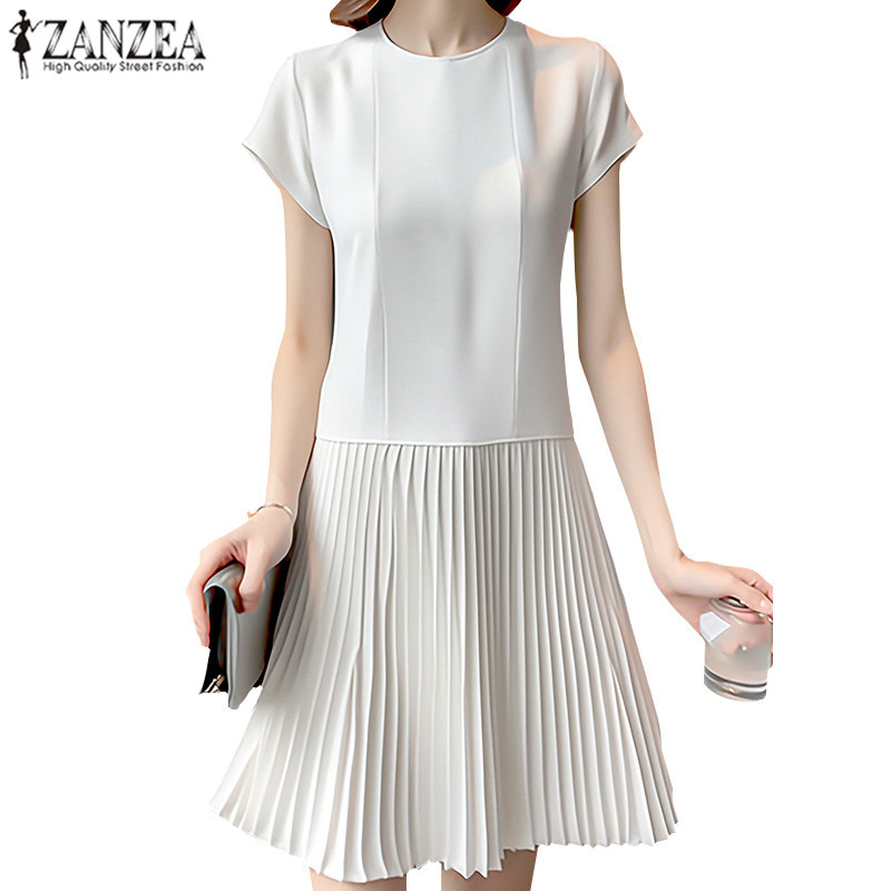 Zanzea ผู ้ หญิงเกาหลีลําลองคอกลมแขนสั ้ น A-hem Elegant Dresses