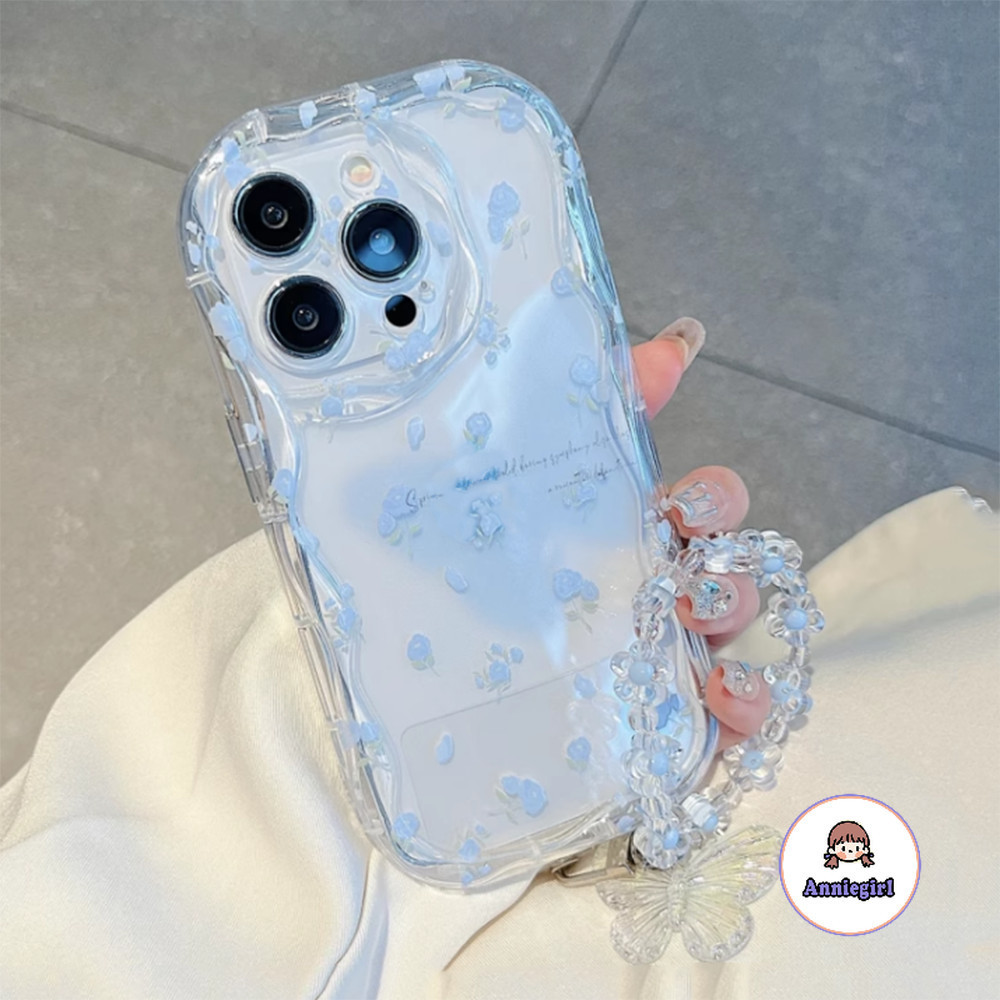 ดอกไม้เกาหลีผีเสื้อเชือกเส้นเล็กสีฟ้าเคสโทรศัพท์สําหรับ IPhone 11 15 14 Pro Max 12 13 Promax 14plus XS XR 7 8Plus ถุงลมนิรภัยกรอบกันกระแทกนุ่ม TPU โทรศัพท์ปกหลัง