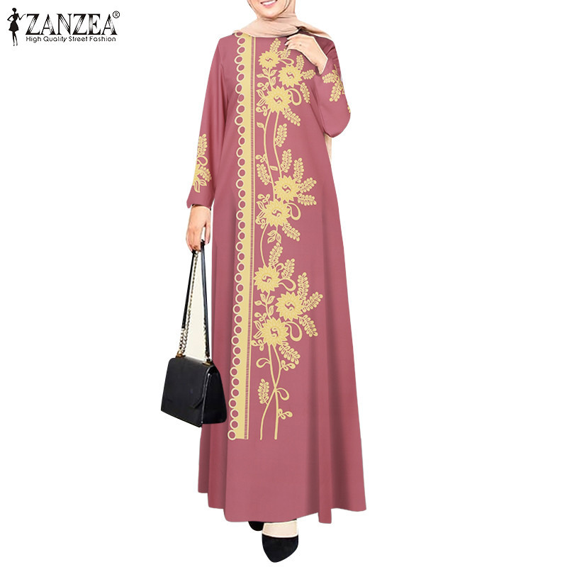 Zanzea ชุดเดรสพิมพ ์ ลายแขนยาวแฟชั ่ นสตรีมุสลิม