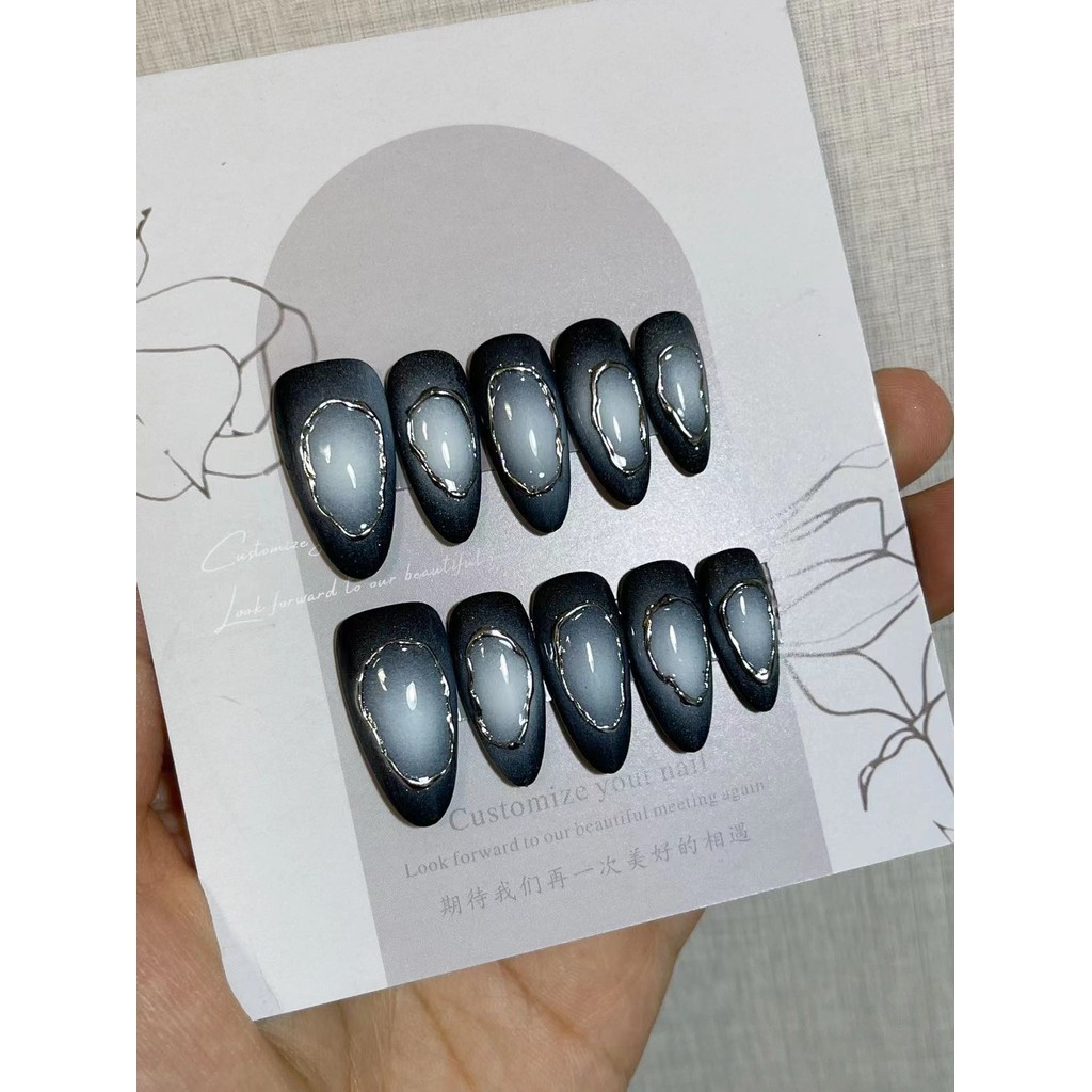 HANDMADEArtificial Nail Glazed Space Aurora Gradient Cat Eye Almond Phototherapy Nails เล็บปลอมนํากล