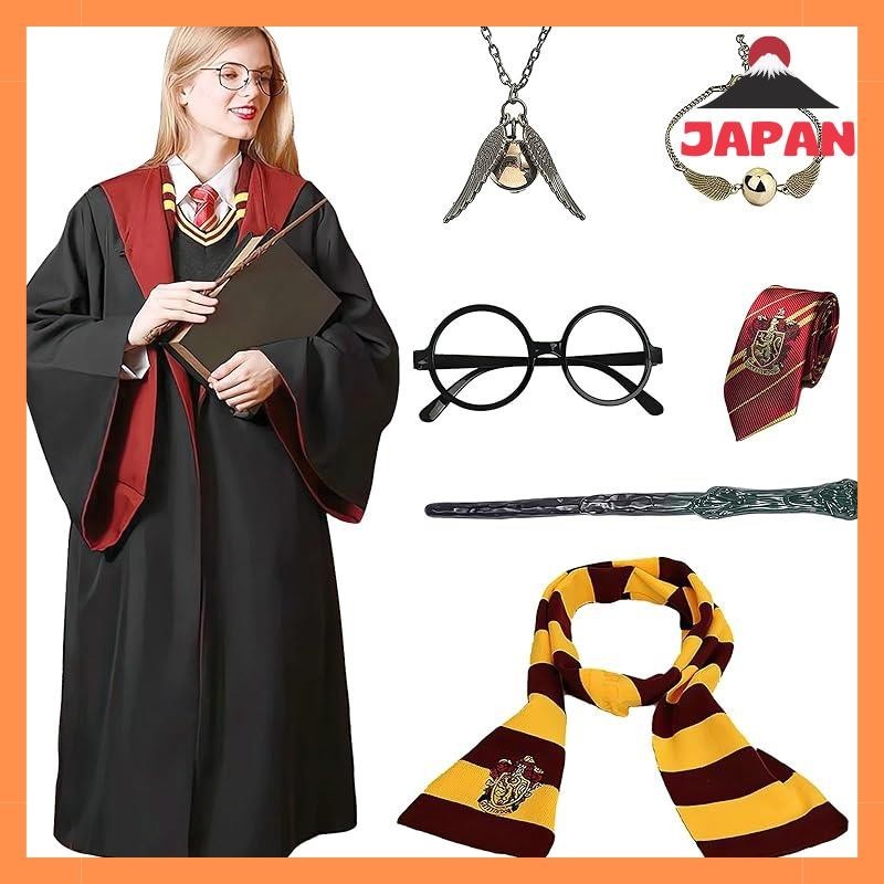 [Direct from Japan][Brand New][shengo] Harry Potter Cosplay Gryffindor Halloween Harry Potter Robe 7-Piece Set Robe + Magic Wand + Glasses + Tie + Scarf + Necklace + Bracelet 8 Sizes Adults Children Men and Women (Gryffindor, 145cm)