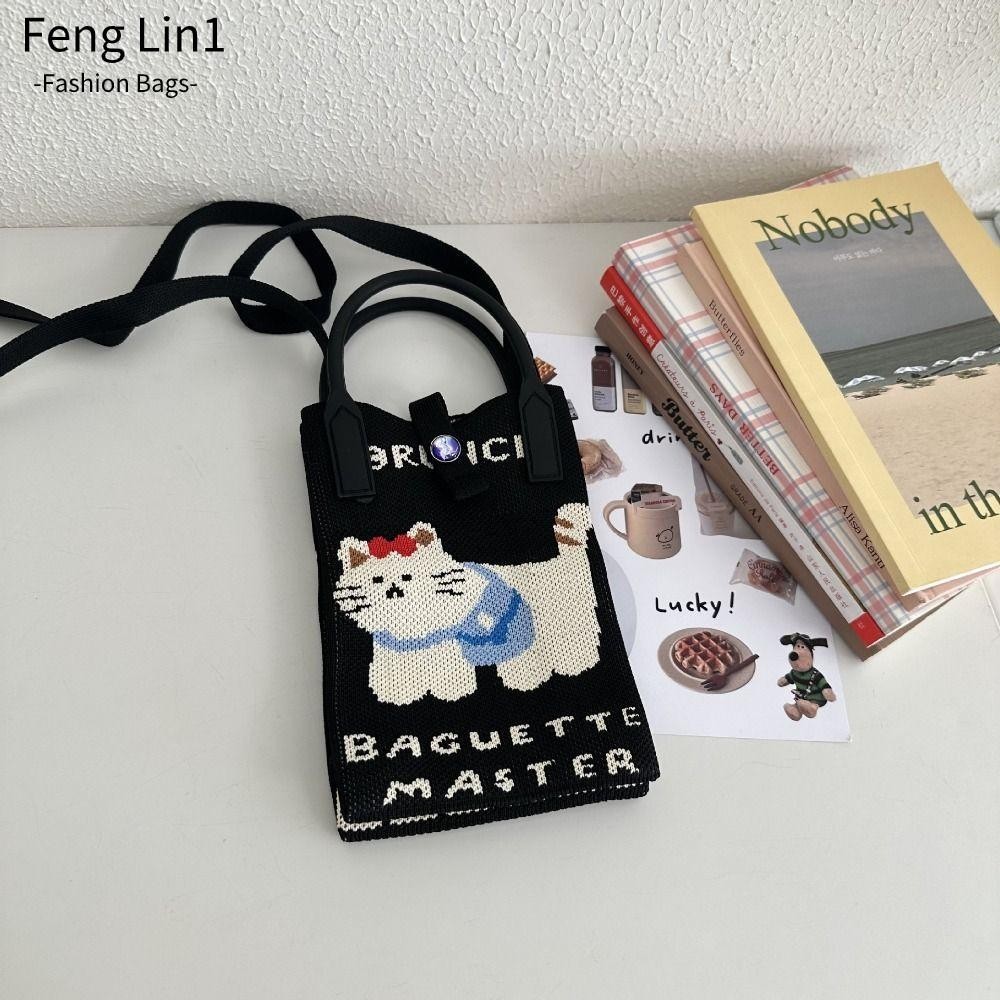 Fengling กระเป ๋ าถือถัก , การ ์ ตูนแมว Knot สายรัดข ้ อมือ , แฟชั ่ นถักสุนัขกระเป ๋ าโทรศัพท ์ ความจุสูงสาว