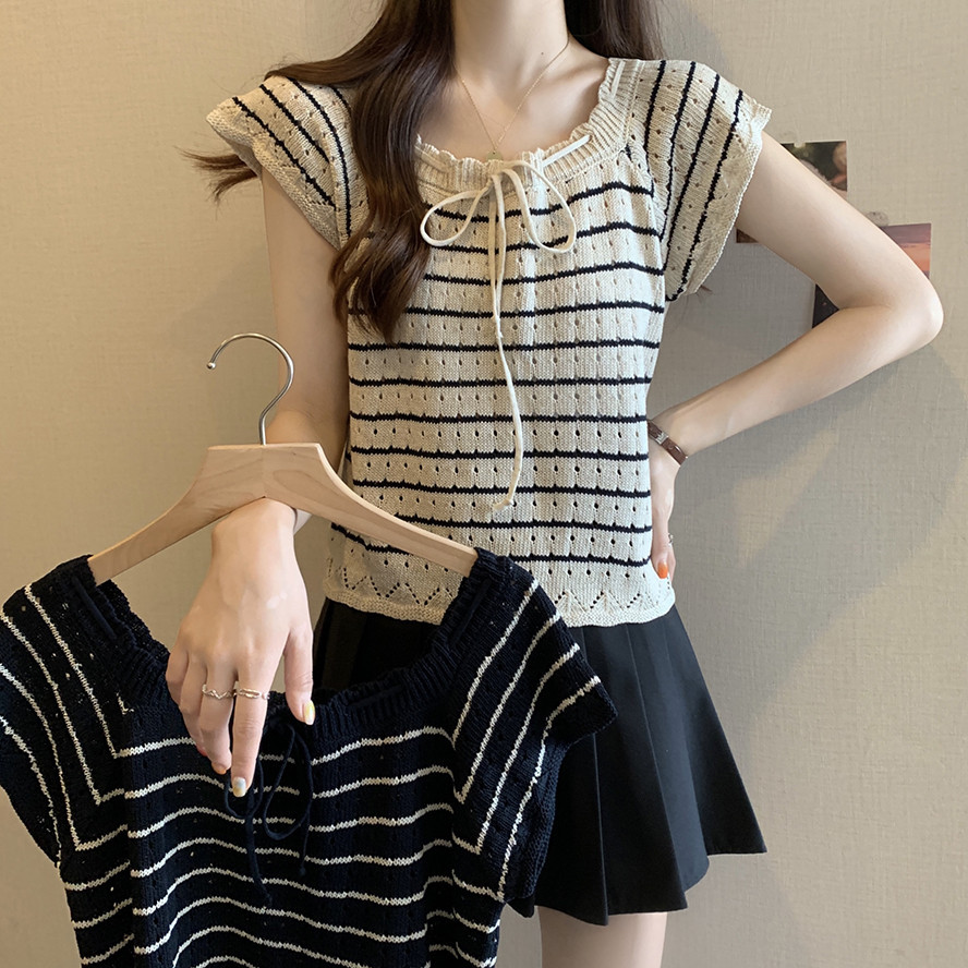 Dahong 1383 เสื้อยืดไหมพรม เสื้อถักไหมพรม เสื้อครอปแขนสั้น แขนสั้น คอเหลี่ยม งานสวยดูดี