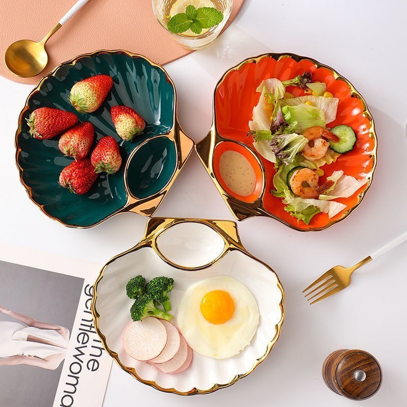 New Ceramic Dumpling Plate with Vinegar Dish Household Fruit Plate Personality Tableware Shell Dish 