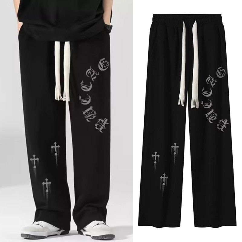 Unisex สีดํา Vintage หลวมตรงขาพิมพ ์ Sweatpants สีขาว Retro Trend ขากว ้ างกางเกงกีฬาสําหรับผู ้ ชาย