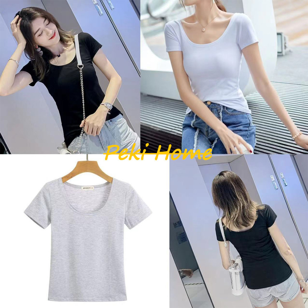 พร้อมส่ง เสื้อยืดเข้ารูป คอกว้าง สีพื้น สำหรับผู้หญิง