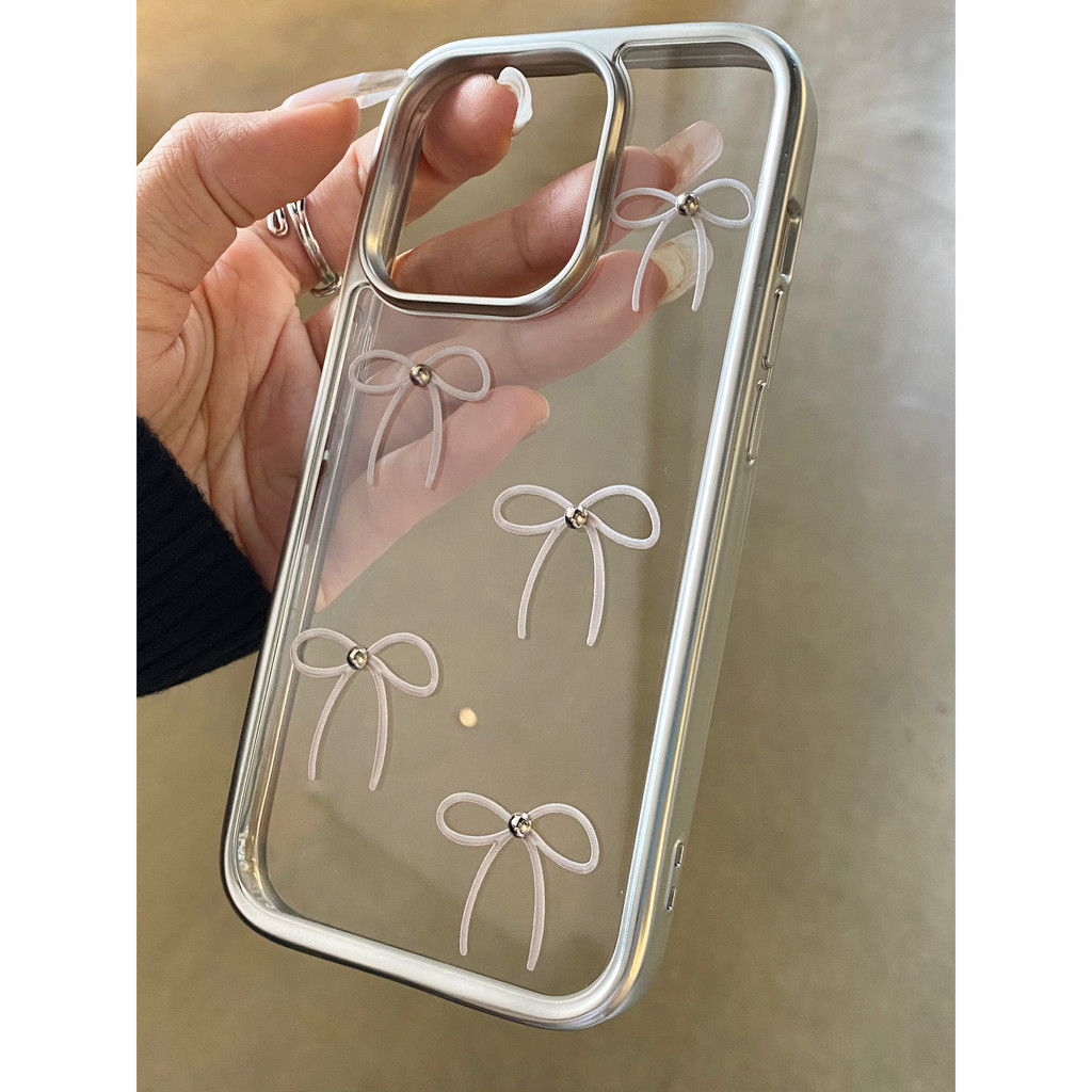 Huiwanju กรอบเงินโบว์เหมาะสําหรับ iPhone15ins สวย 14pro13 ใหม่ 12 เคสโทรศัพท์มือถือ fpr iphone 12promax เคสป้องกันไฟฟ้าโปร่งใส