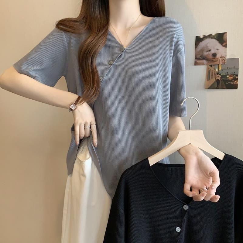 Oversize Tshirt(40-150kg) ไม่สม่ําเสมอผู้หญิงแขนสั้น V คอ Tops Plus ขนาดแฟชั่นเสื้อยืดบาง