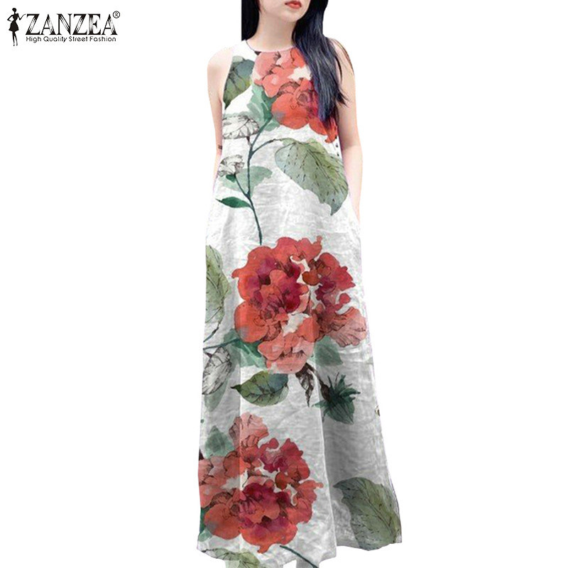 Zanzea ชุดเดรสแขนกุดหลวมพิมพ ์ ลายดอกไม ้ เกาหลีสําหรับผู ้ หญิง