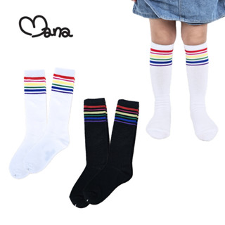 ถุงเท้าเด็กยาวใต้เข่า สีพื้นแถบรุ้ง ใส่แฟชั่น