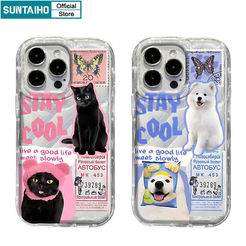 Suntaiho เคสไอโฟน ตลกน่ารักปลอกแมวสุนัขแสตมป์รูปแบบเคสโทรศัพท์สําหรับ Iphone 15 14 12 13 11 Pro Max IP 7 8 Plus Iphon X Xs XR Xs Max TPU ซิลิโคนนุ่มพรีเมี่ยมกันกระแทกปกหลัง