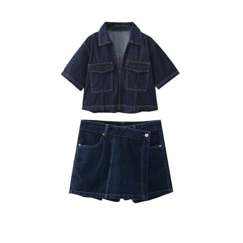 เสื้อโปโลคอปกแขนสั้นผ้ายีนส์+กระโปรง 3795