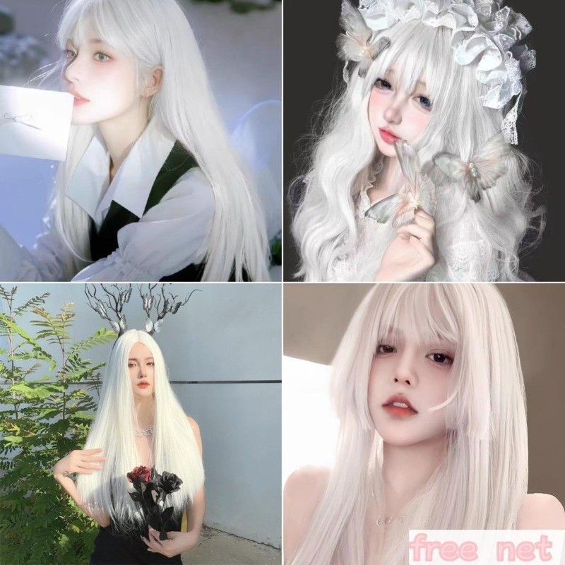 วิกผมตรงสีขาว วิกผมลอนยาวเต็มหัว มีหน้าม้าอากาศ ผมปลอม โลลิต้า คอสเพลย์ วิกผมผู้หญิงสวมสามารถดัด