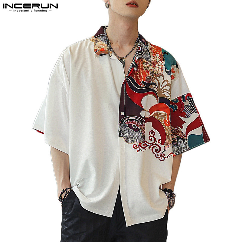 ไม่แน่นอน ผู้ชายเกาหลีลําลองพิมพ์ครึ่งแขนเสื้อกระดุมหลวม