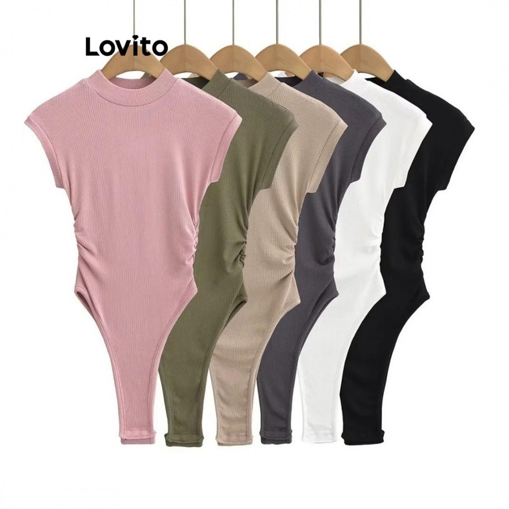 Lovito บอดี้สูทผู้หญิง เบสิก สีพื้น สไตล์ลำลอง LNE50550