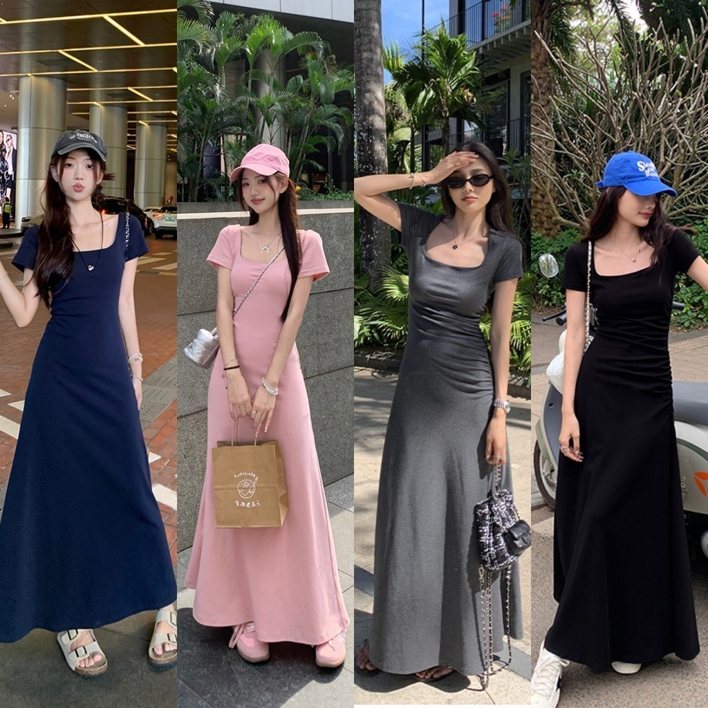 cherryshop🍒พร้อมส่ง เดรสยาว ชุดเดรส ชุดเกาหลี น่ารัก แขนสั้น คอเหลี่ยม แฟชั่นผู้หญิง เอวกระชับ สไตล์เกาหลี