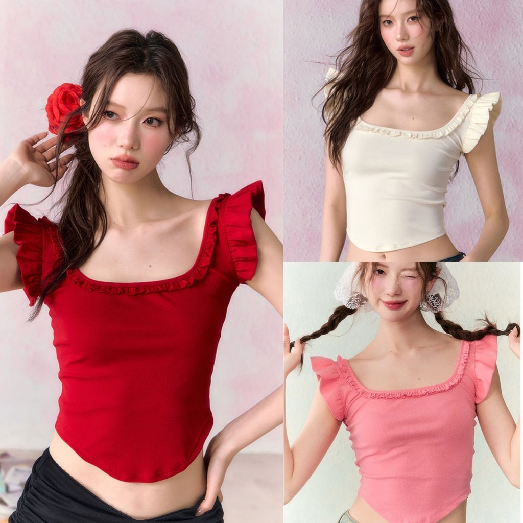 cherryshop พร้อมส่ง เสื้อครอป เสื้อยืด ครอปรัดรูป คอเหลี่ยม แขนกุด แฟชั่นผู้หญิง สีพื้น เซ็กซี่ ขอบดอกไม้ สไตล์เกาหลี