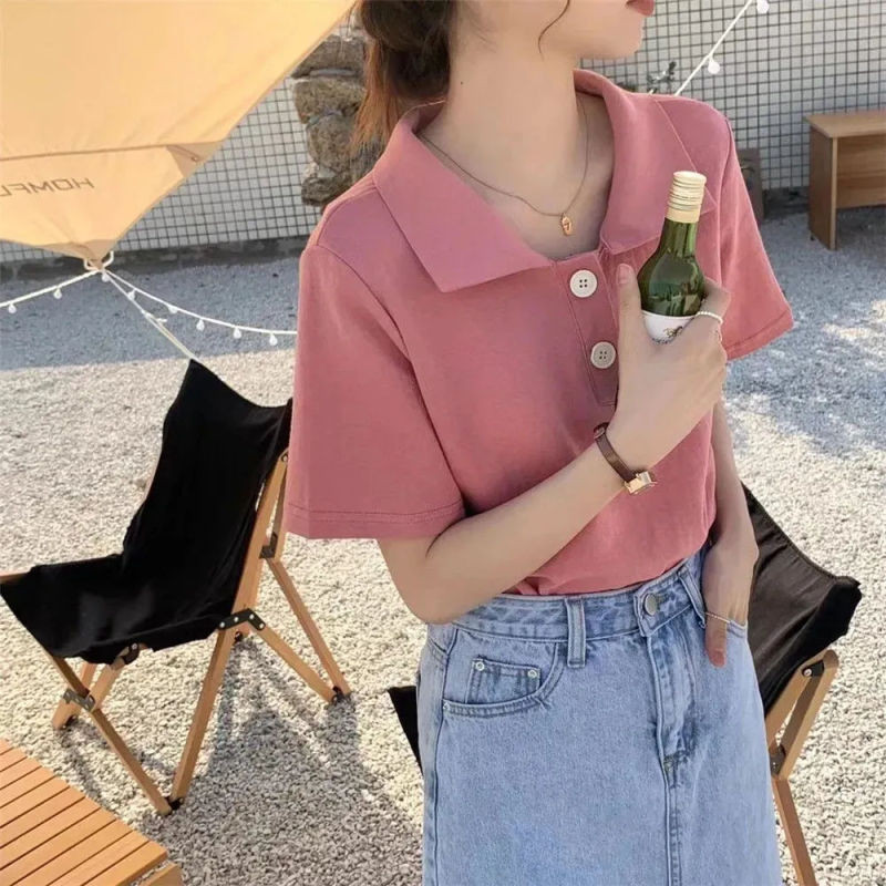 🌸Breeze🌸 ผ้าฝ้ายเสื้อโปโลแขนสั้นเสื้อยืดผู้หญิงเกาหลีรุ่นใหม่วินเทจเทรนด์ครึ่งแขนด้านบน