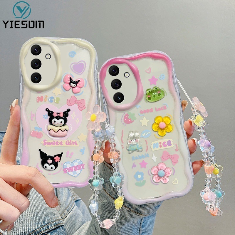 น่ารัก 3D การ์ตูนสายรัดข้อมือโซ่เคสโทรศัพท์สําหรับ Samsung Galaxy A15 A35 A55 5G A14 A05 A05S A04 A04E โปร่งใสใสคลื่นซิลิโคนอ่อนนุ่ม