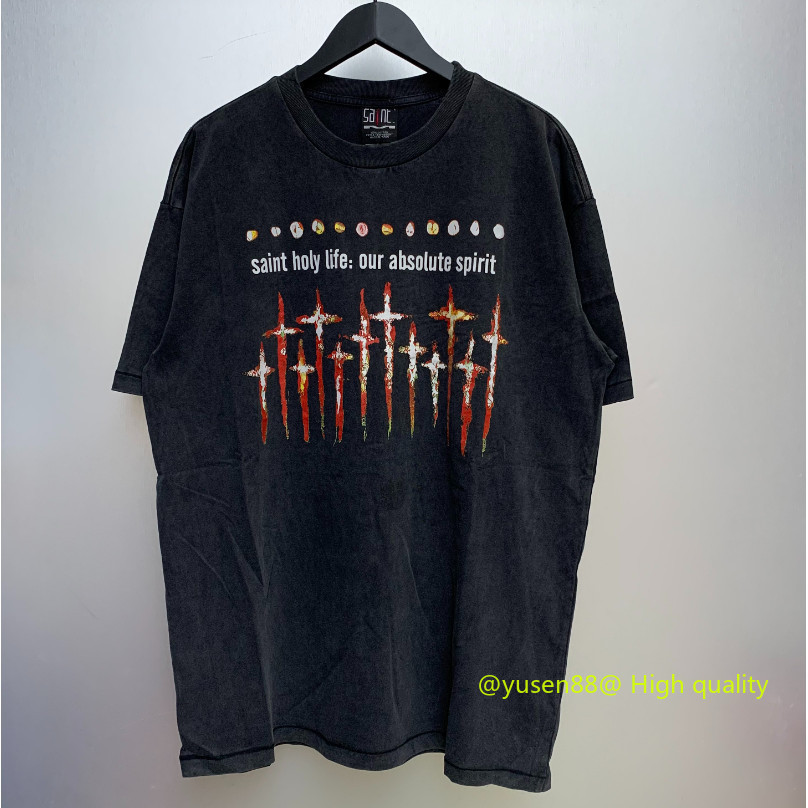**HOT***เสื้อยืด Saint MICHAEL Vintage Black สไตล์ใหม่เสื้อยืดแขนสั้น