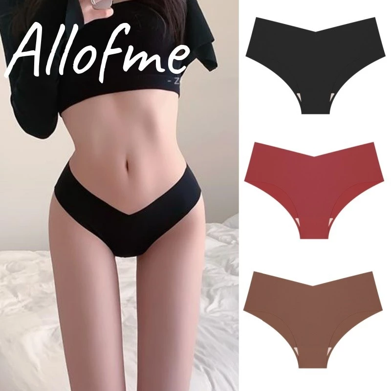 Allofme ผู้หญิงกางเกงชั้นในผ้าไหมน้ําแข็งผ้าฝ้ายแท้เป้าชุดชั้นในเซ็กซี่ V-เอวออกแบบกางเกงไม่มีรอยต่อและ Traceless สาวชุดชั้นใน Maillard สี