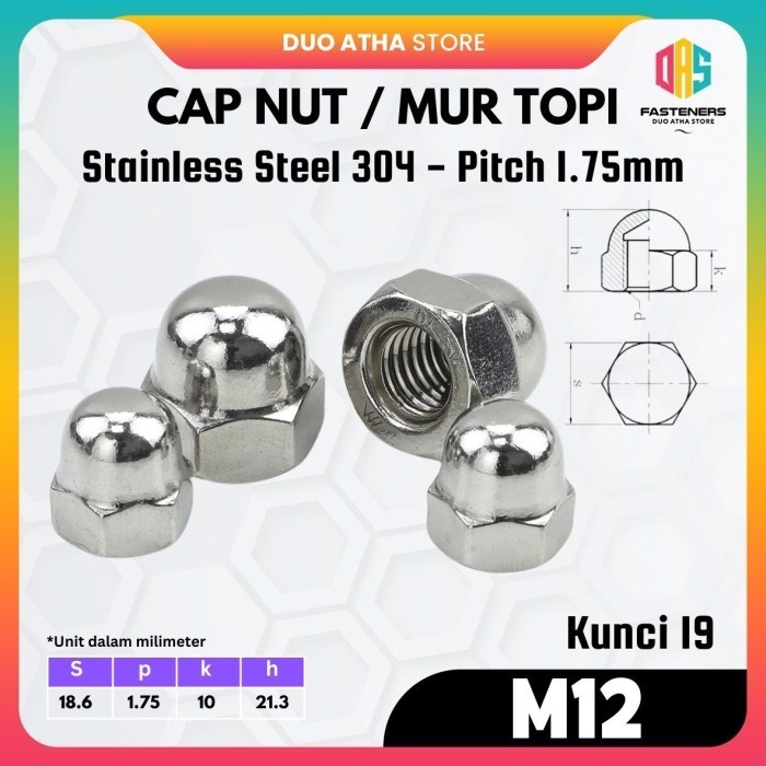 M12 น็อตหมวก / น็อตหมวก M12 สแตนเลส SS304 กุญแจ 19