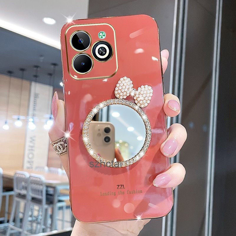 เคส Infinix Smart 8 X6525 Tecno Spark Go 2024 Spark 20 20C POP 8 Hot 40i 40 40 Pro เคสโทรศัพท์ชุบหรูหรา ฝาครอบกรณีเชลล์พร้อมกระจกแต่งหน้าโบว์มุก สำหรับสาวๆ เคสโทรศัพท์ Infinix Smart 8 X6525 Tecno Spark Go 2024 Spark 20 20C POP 8 Hot 40i 40 40 Pro