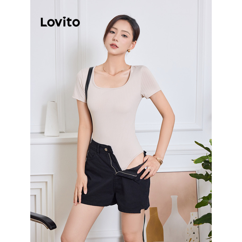 Lovito บอดี้สูทผู้หญิง ผ้าถัก สีพื้น สไตล์ลำลอง L91AD024