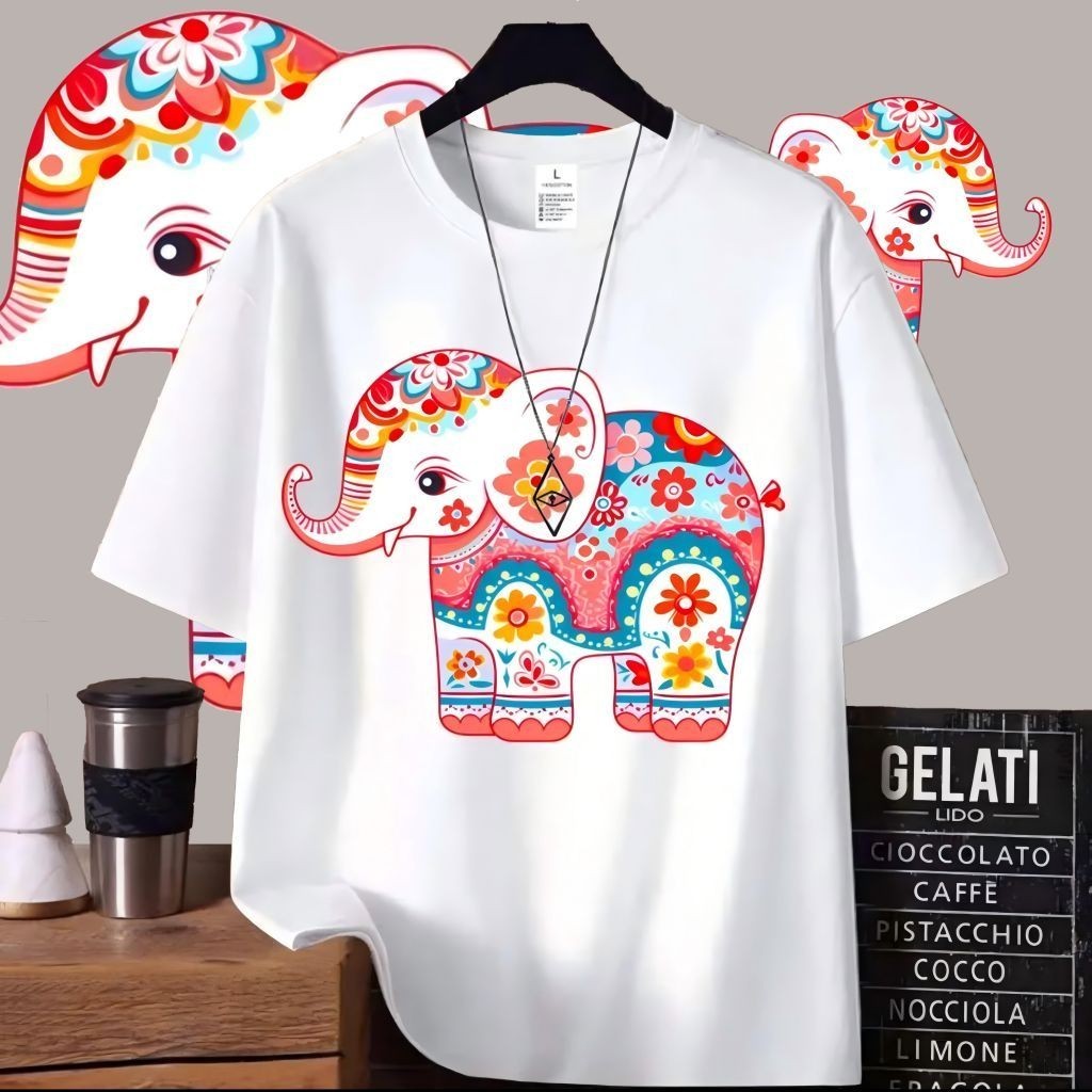 โอเวอร์ไซส์ สไตล์ลําลอง เรียบง่าย ลายช้างไทย เสื้อยืดคอกลมแขนสั้น