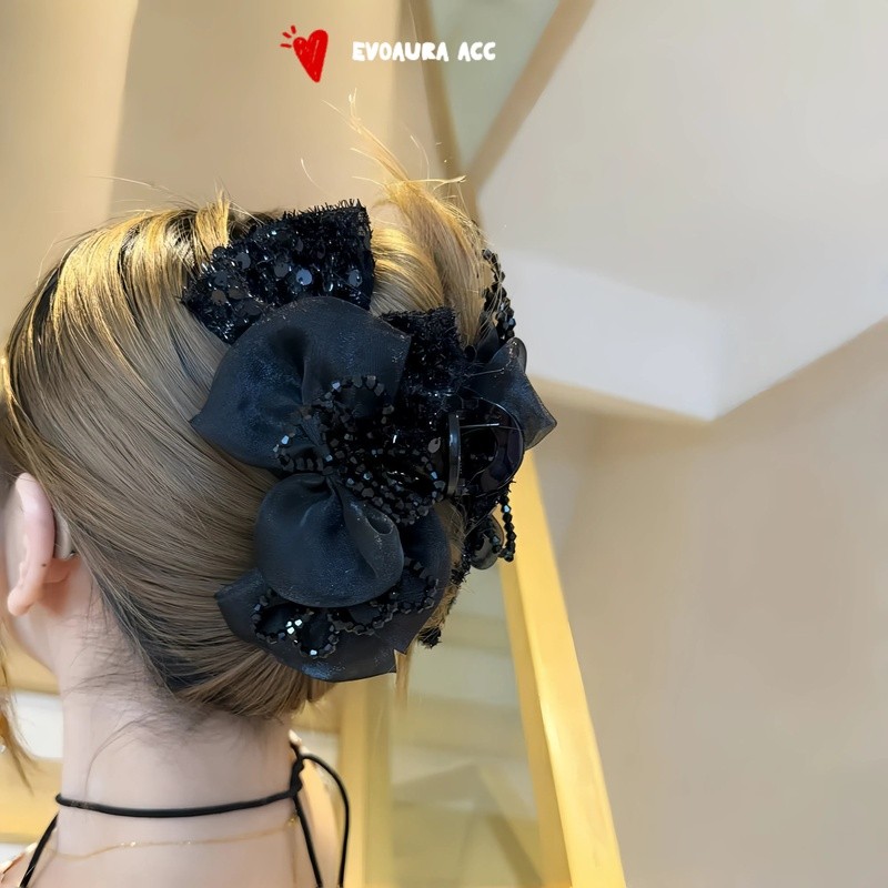 กิ๊บติดผมโบว์ผ้าชีฟองสีดําคริสตัลอารมณ์เกาหลีกิ๊บติดผมเลื่อมหรูหราด้านหลังที่สวยงามคลิปฉลาม