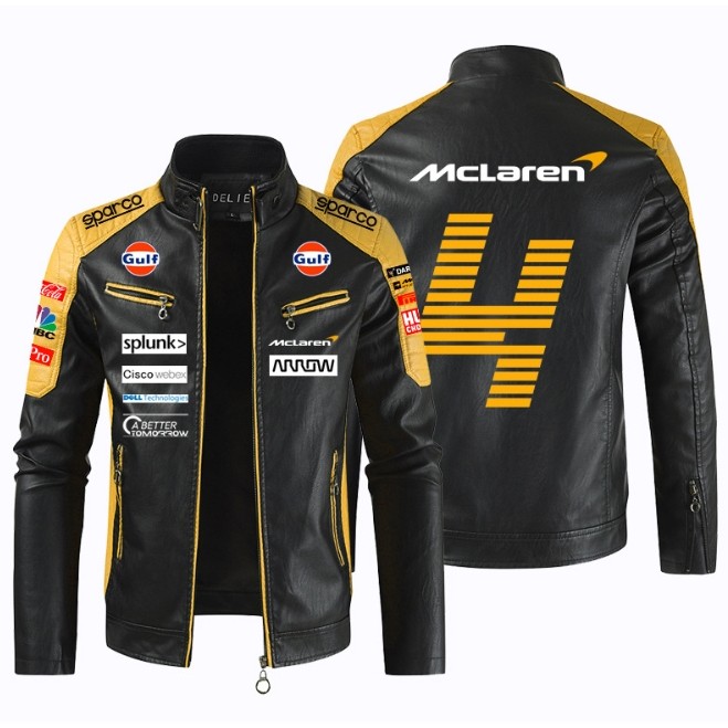 เสื้อแจ็คเก็ตหนัง Mclaren, F1 Fleet Clothing, 720S, 540C, P15, ซิปคอตั้ง, แจ็คเก็ตหนังกันลมขับรถกลาง