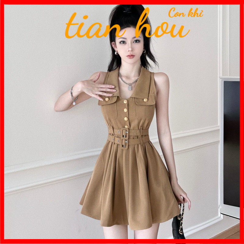 สินค้าใหม่ [9711รายการโปรด] ชุดเดรสระดับไฮเอนด์แขนกุดคอห้อยคอสไตล์ฝรั่งเศสฤดูร้อนเอวบางชายร่างเล็กชุ