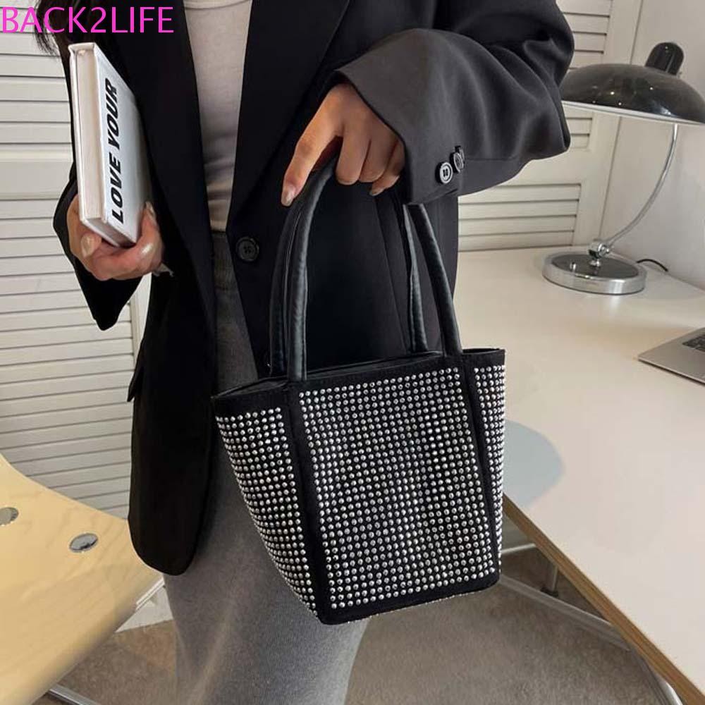 Back2life กระเป๋าสะพาย Rhinestone PU สีเงิน ทรงสี่เหลี่ยมเล็ก กระเป๋าถือจัดเลี้ยง