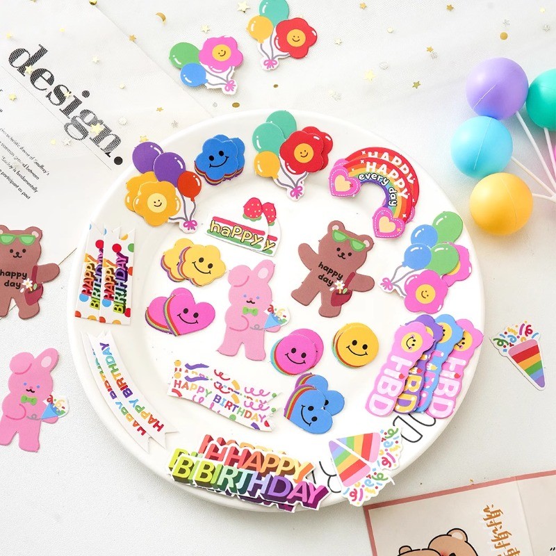 Ins สไตล์ตุ๊กตาหมีตกแต่งเค้ก HBD ยิ้มดอกไม้วันเกิดขนมคัพเค้กตกแต่ง plugin Set