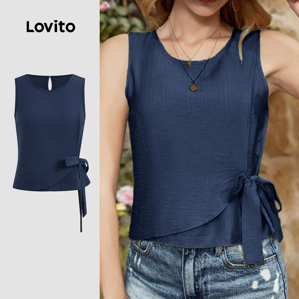 Lovito เสื้อกล้ามลำลองสีพื้นไม่สมมาตรสำหรับผู้หญิงในช่วงฤดูร้อน L123ED655