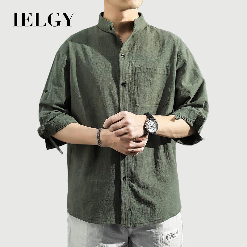 IELGY 3/4 แขนผ้าลินินเสื้อผู้ชายเสื้อลําลองหลวม