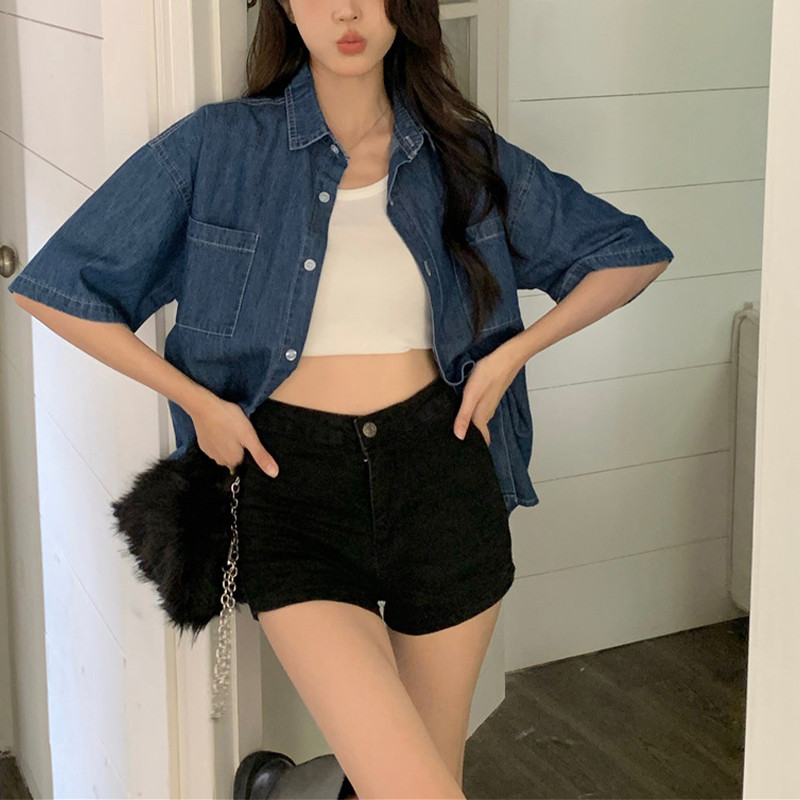 🔥【เตรียมส่ง】🔥เสื้อกระดุมแถวเดียวทรงหลวม เสื้อลำลองผู้หญิงดีไซน์บาง เสื้อเชิ้ตยีนส์แขนสั้น - รูปที่ 5