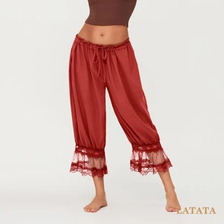 (จัดส่งในกรุงเทพฯ)Latata-Womens Cropped Pants Loose Mid Rise Patchwork Lace Lantern Pants Casual Streetwear