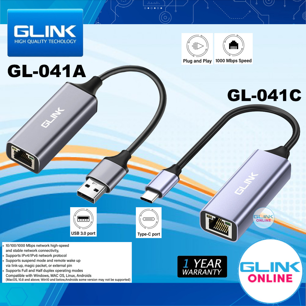 ✅มาตรฐาน GLINK GL-041 Converter USB3.0/Type-C TO Lan Gigabit RJ-45 แปลง USB และ Type-C เป็น Lan 10/100/1000Mbps