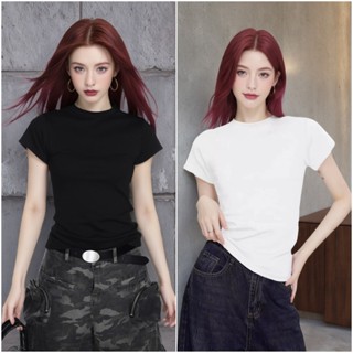 เสื้อยืดผ้ายืดยืดหยุ่นสูง เสื้อยืดผู้หญิง คอกลมแขนสั้น สีทึบ…