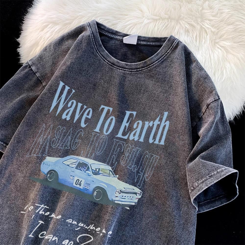 (จัดส่งตลอด 24 ชั่วโมง)เสื้อยืดฟอก เสื้อยืด Oversize ลาย 'Wave To Earth' สไตล์วินเทจ คอตตอน 100%